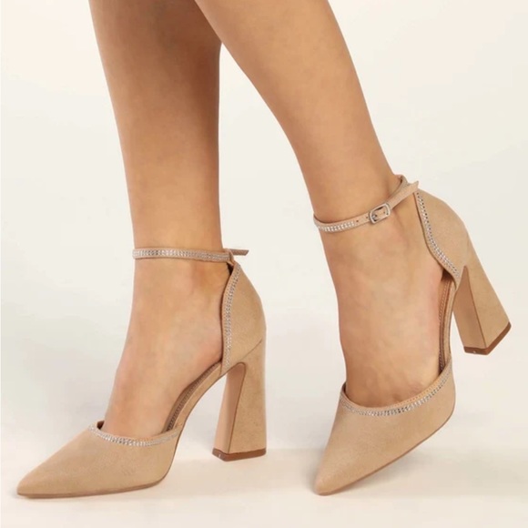 Lulus Shoes - Light Nude Suede Rhinestone Pointed-Toe Pumps